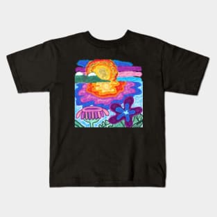 on the beach at sunset,sunset,sun,sunrise,sea,beach,summer,fall,colorful,primary color,red,green,flower,chrysanthemum,sunflower Kids T-Shirt